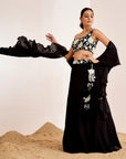 Sequin Embroidered One Shoulder Blouse with Plain Lehenga and Ruffle Dupatta