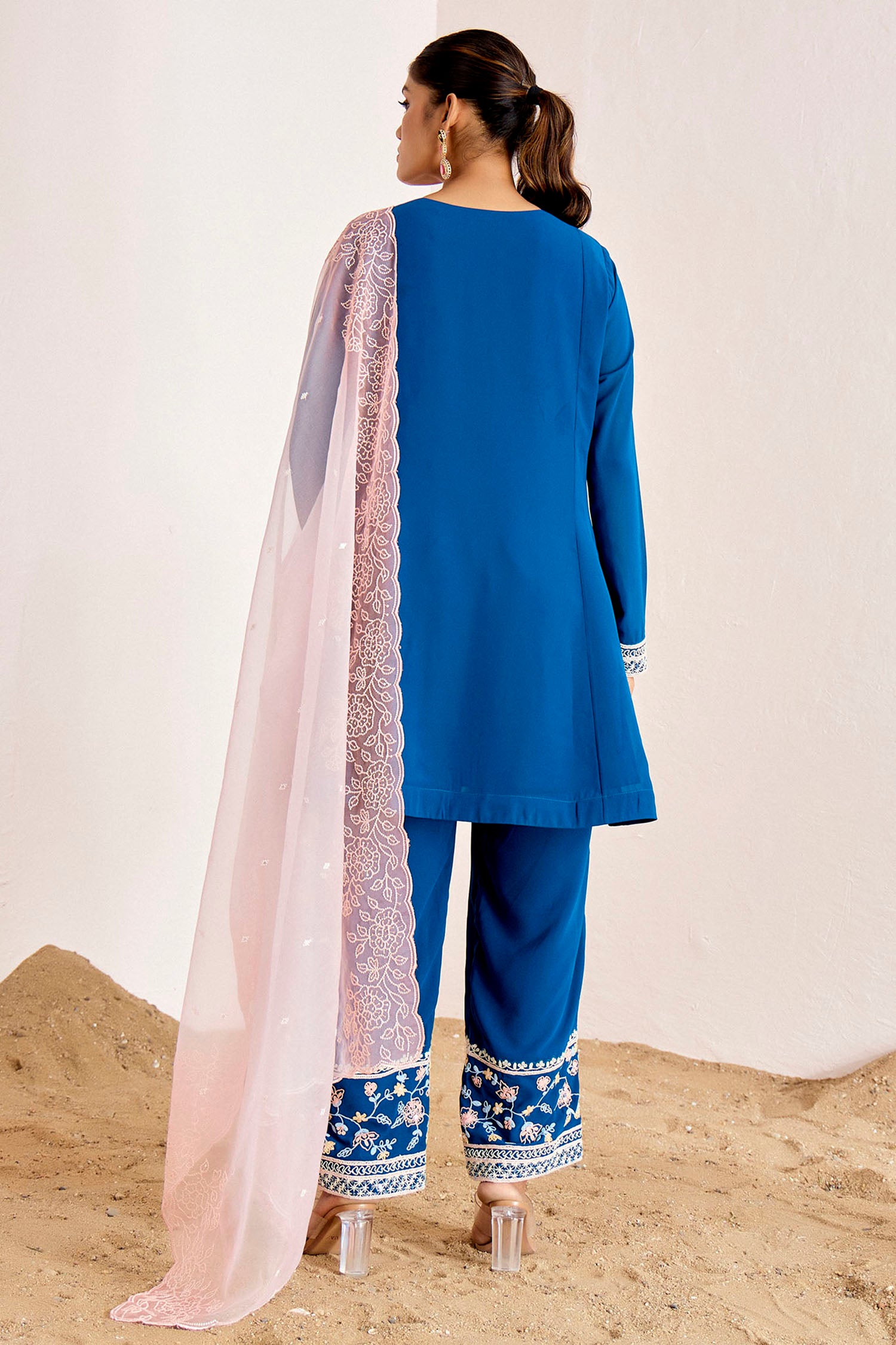 Cording Embroidered Short Kurti Set with Scallop Organza Dupatta