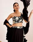 Sequin Embroidered One Shoulder Blouse with Plain Lehenga and Ruffle Dupatta