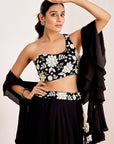 Sequin Embroidered One Shoulder Blouse with Plain Lehenga and Ruffle Dupatta