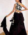 Sequin Embroidered One Shoulder Blouse with Plain Lehenga and Ruffle Dupatta