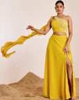 One Shoulder Mirror Work Blouse with Slit Skirt & Ruffle Dupatta