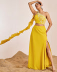 One Shoulder Mirror Work Blouse with Slit Skirt & Ruffle Dupatta
