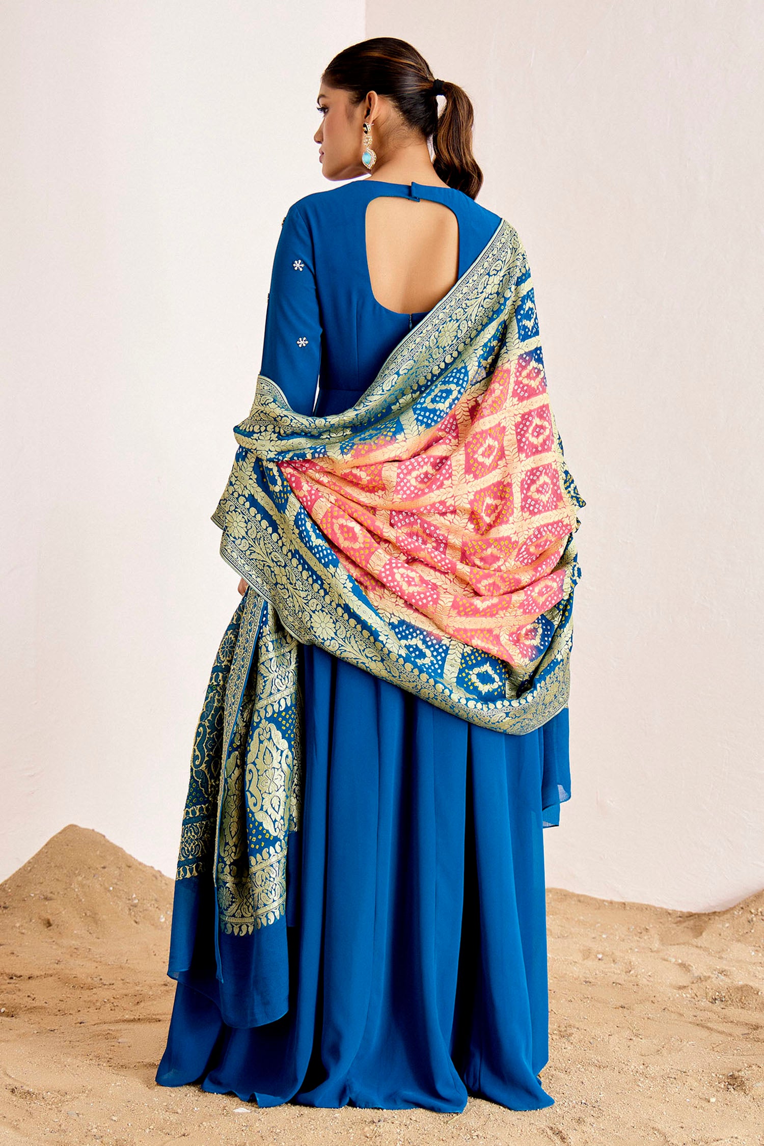 Hand Embroidered Anarkali with Shaded Banarasee Dupatta