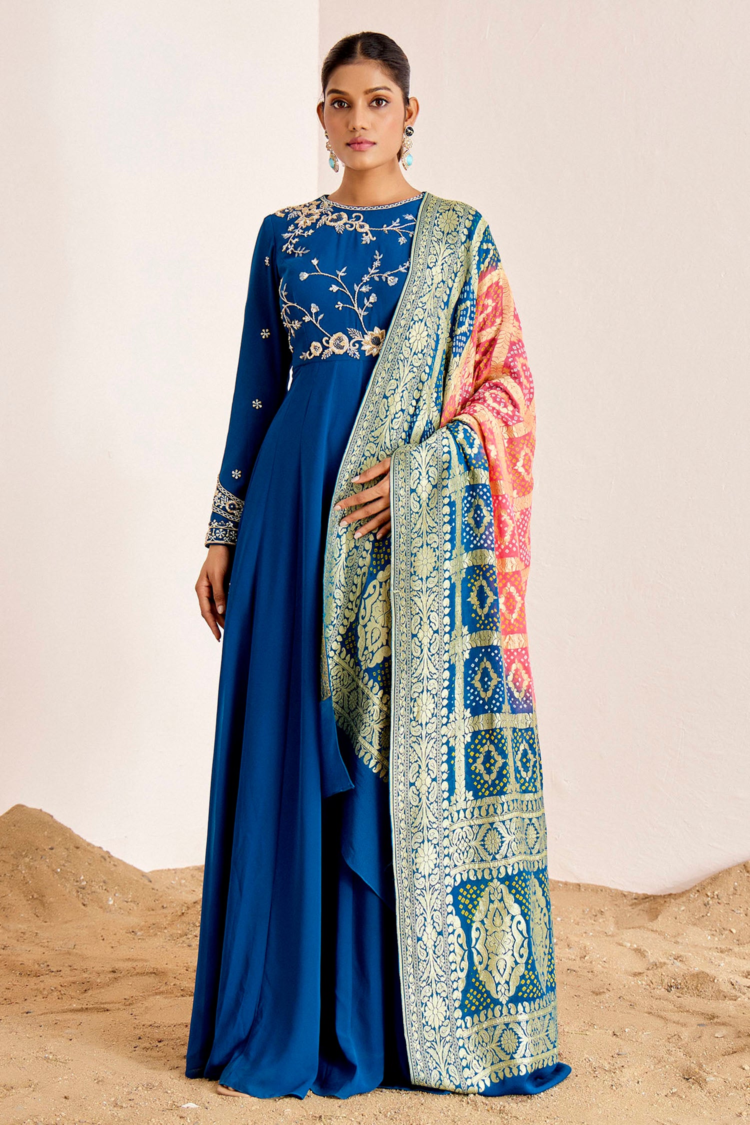 Hand Embroidered Anarkali with Shaded Banarasee Dupatta