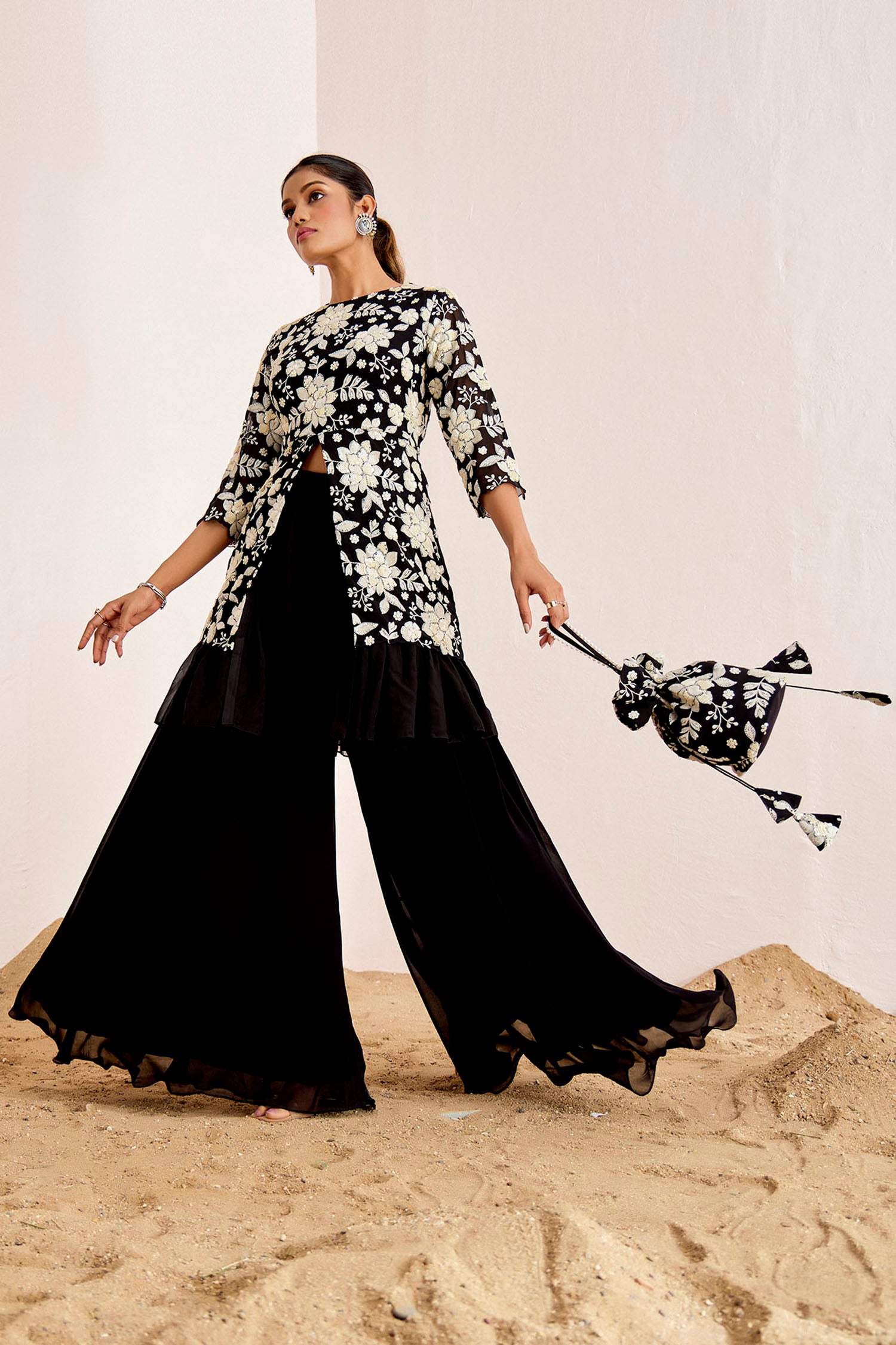 Sequin Embroidered Peplum Top with Flared Pants