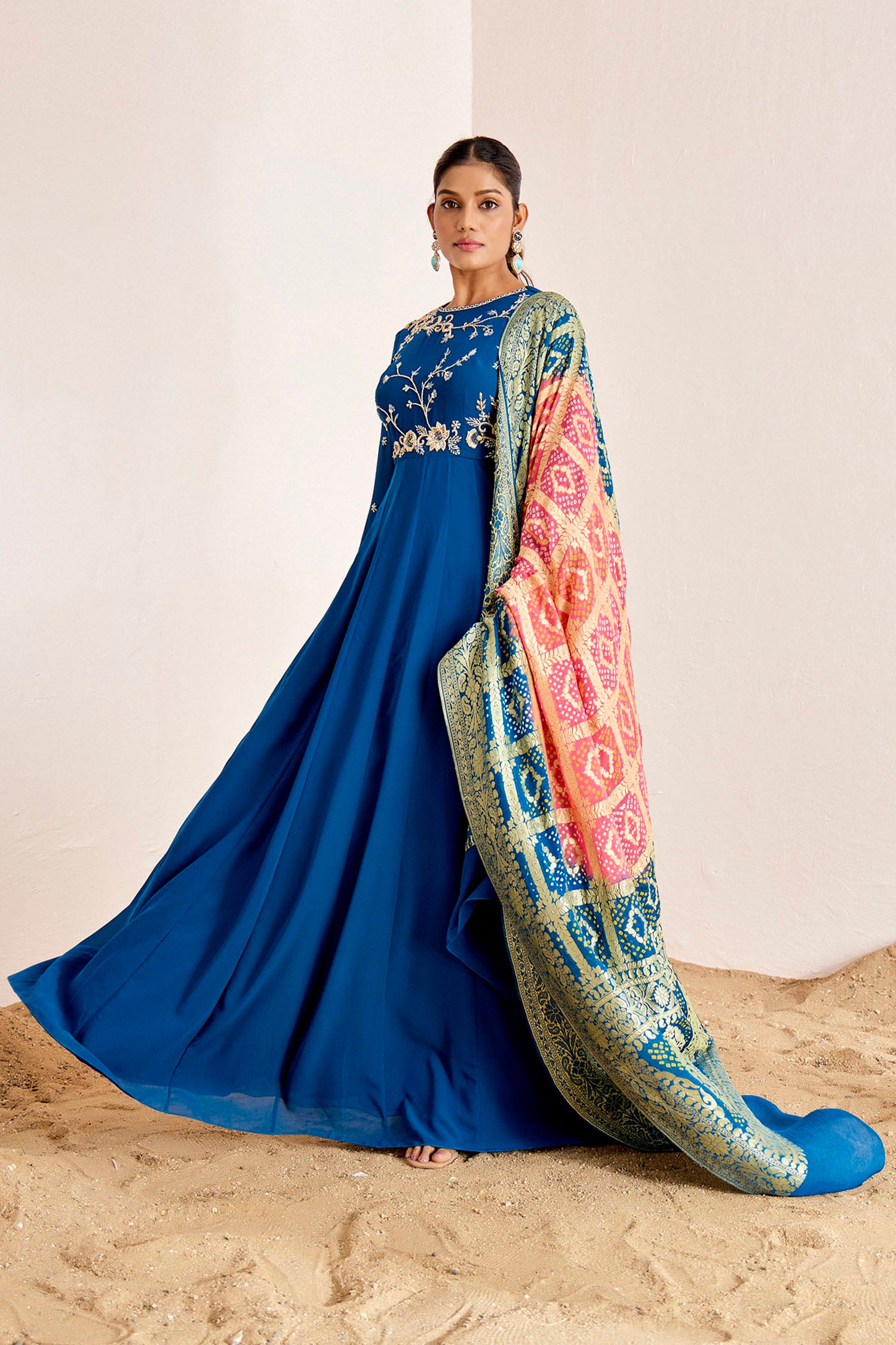 Hand Embroidered Anarkali with Shaded Banarasee Dupatta