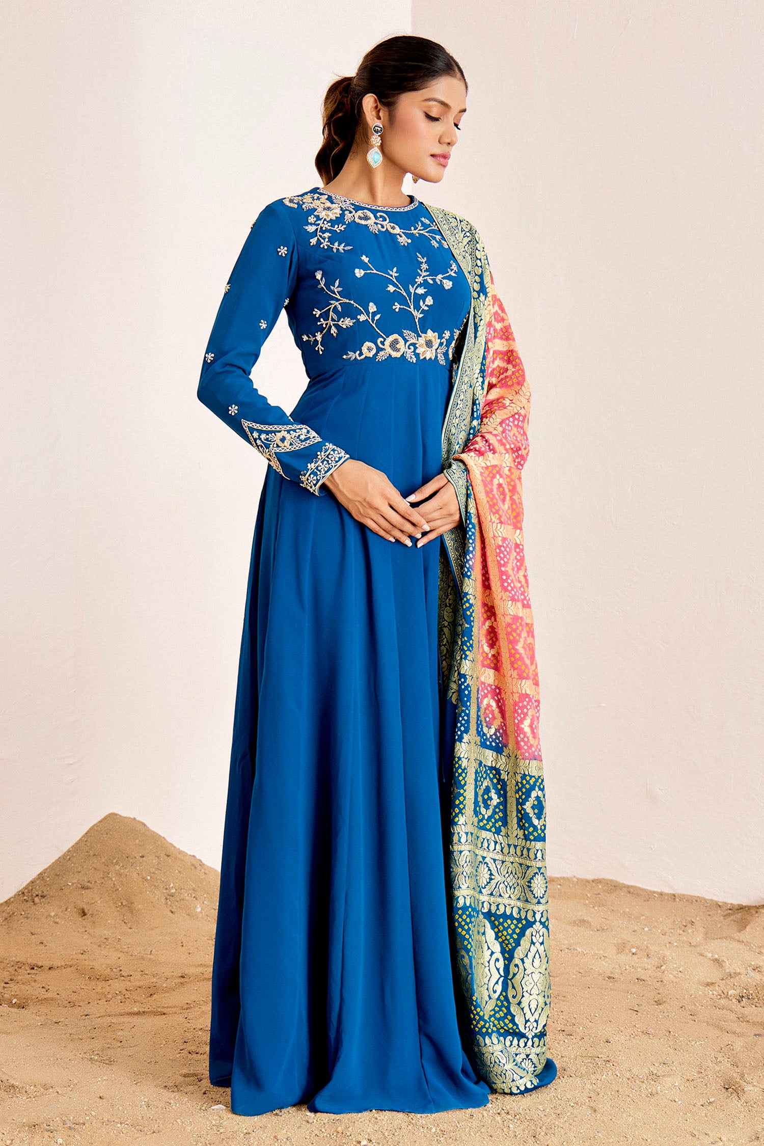 Hand Embroidered Anarkali with Shaded Banarasee Dupatta