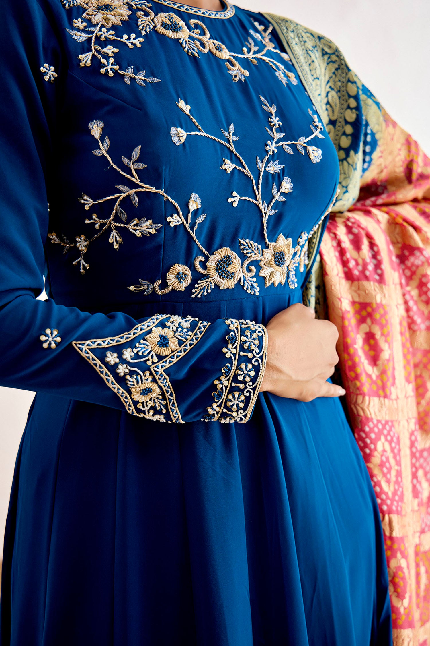 Hand Embroidered Anarkali with Shaded Banarasee Dupatta