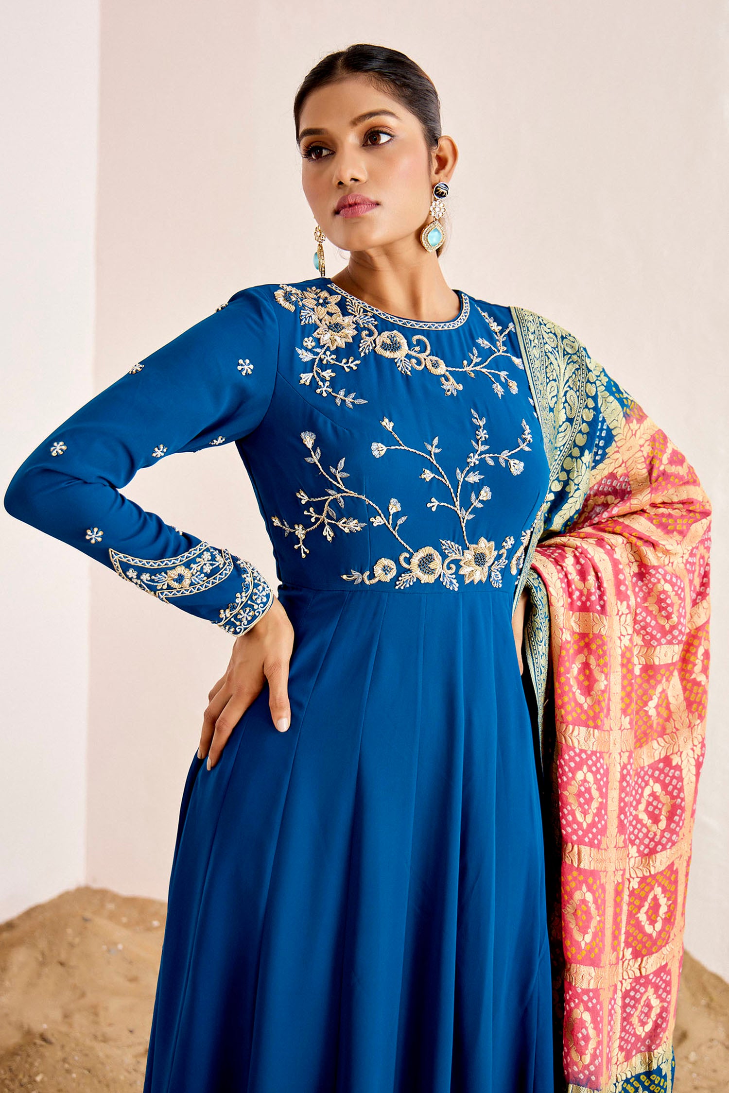 Hand Embroidered Anarkali with Shaded Banarasee Dupatta