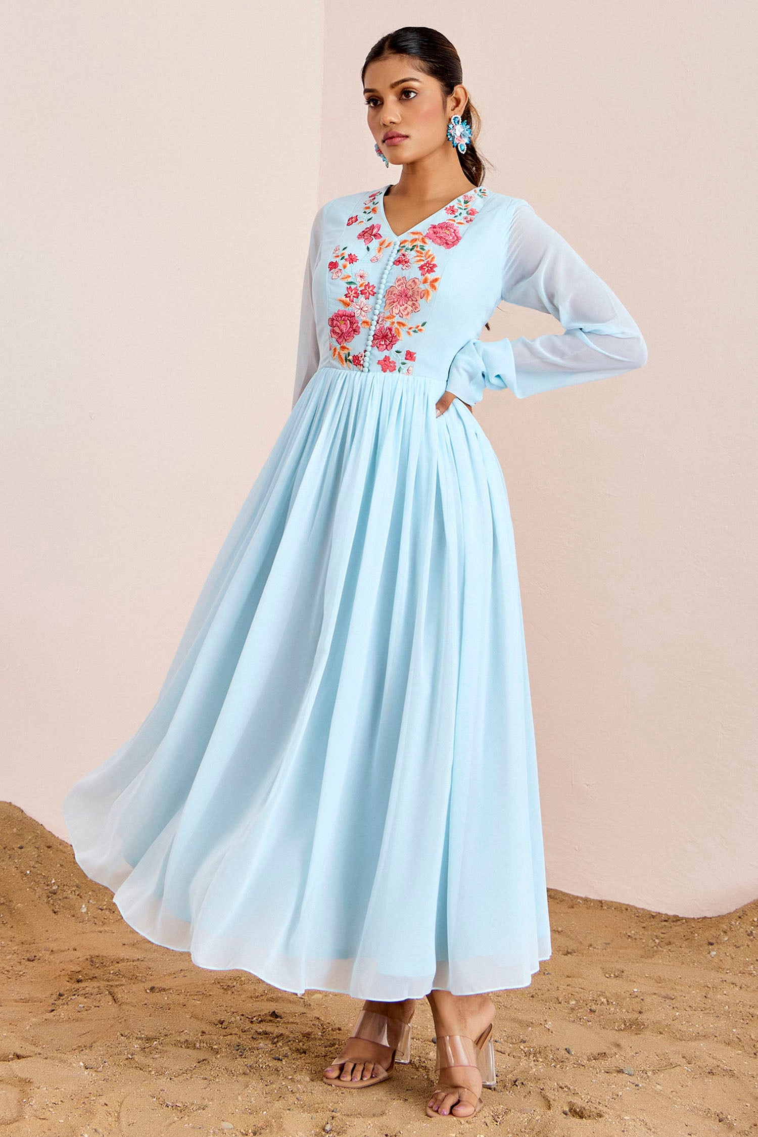 Thread Embroidered Floral Gown with Gathers and Chudi Sleeves