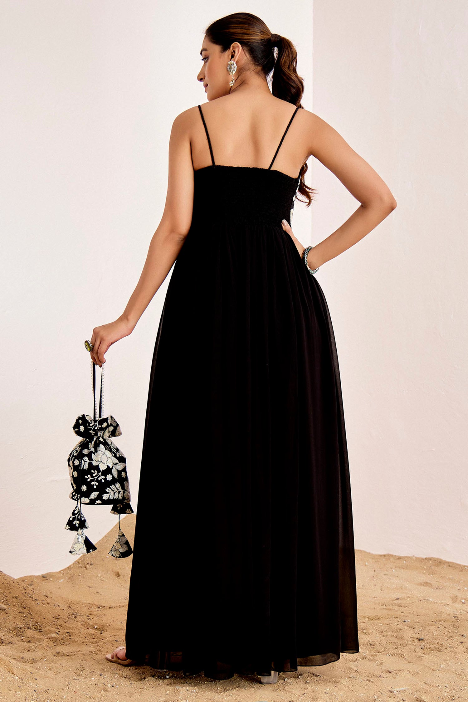 Strappy Sequin Embroidered Gown with Braided Straps and Gathered Waist