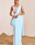 Plain Pre-Draped Saree with Mirror Work Blouse and Belt