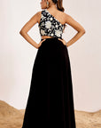 One Shoulder Sequin Embroidered Gown with Side Cutout Detail