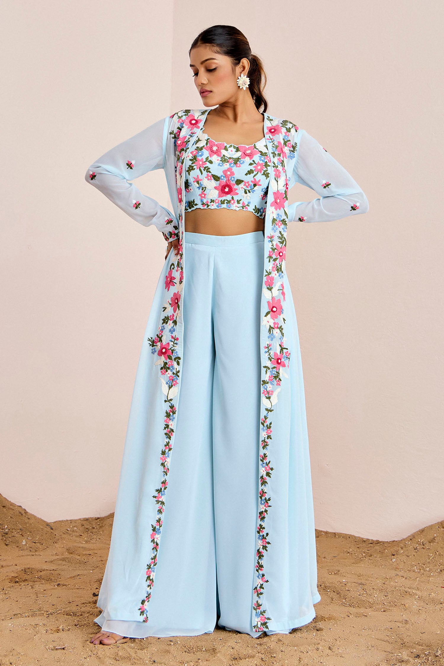 Hand Embroidered Jacket Set with Crop Top &amp; Pants