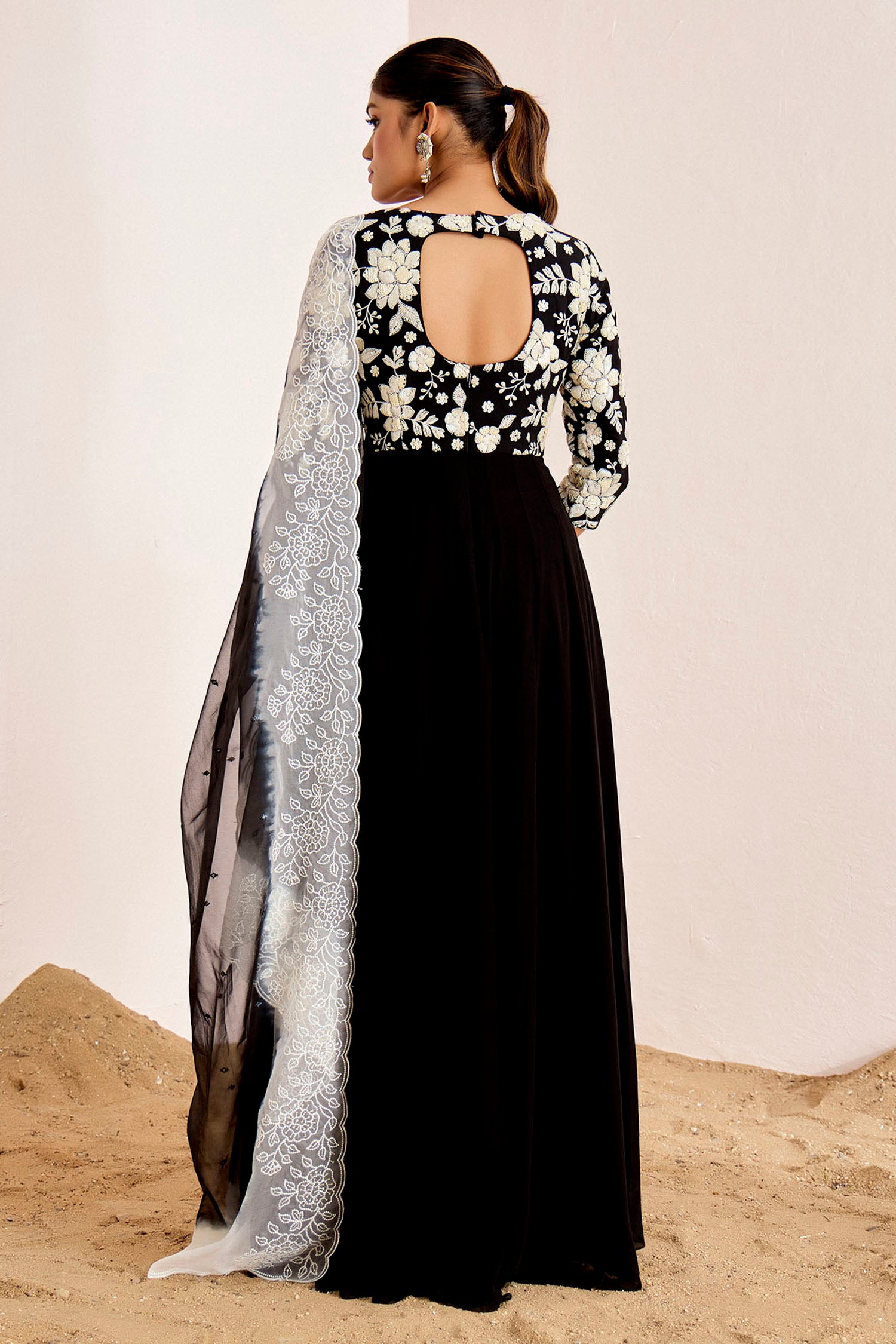 Sequins Yoke Panel Anarkali with Ombre Organza Scallop Dupatta