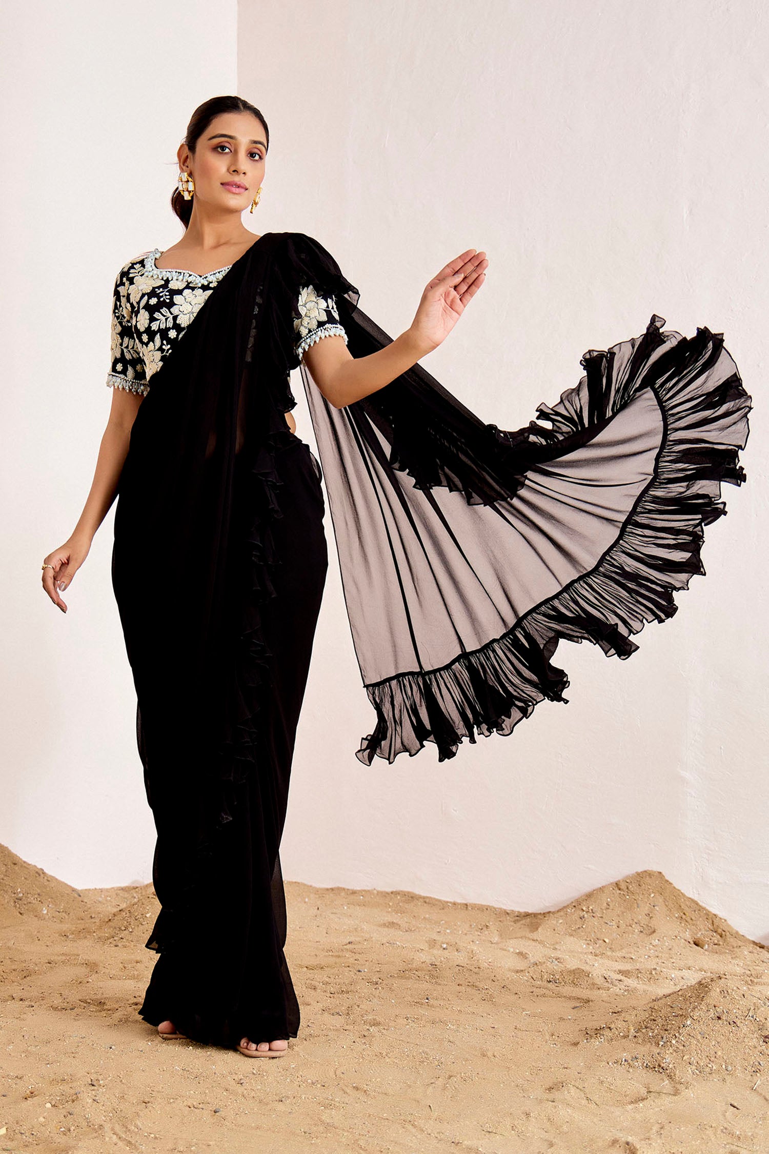 Heavy Embellished Blouse with Pre-Draped Ruffle Saree