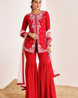 Hand Embroidered Jacket Style Kurti with Sharara and Net Dupatta