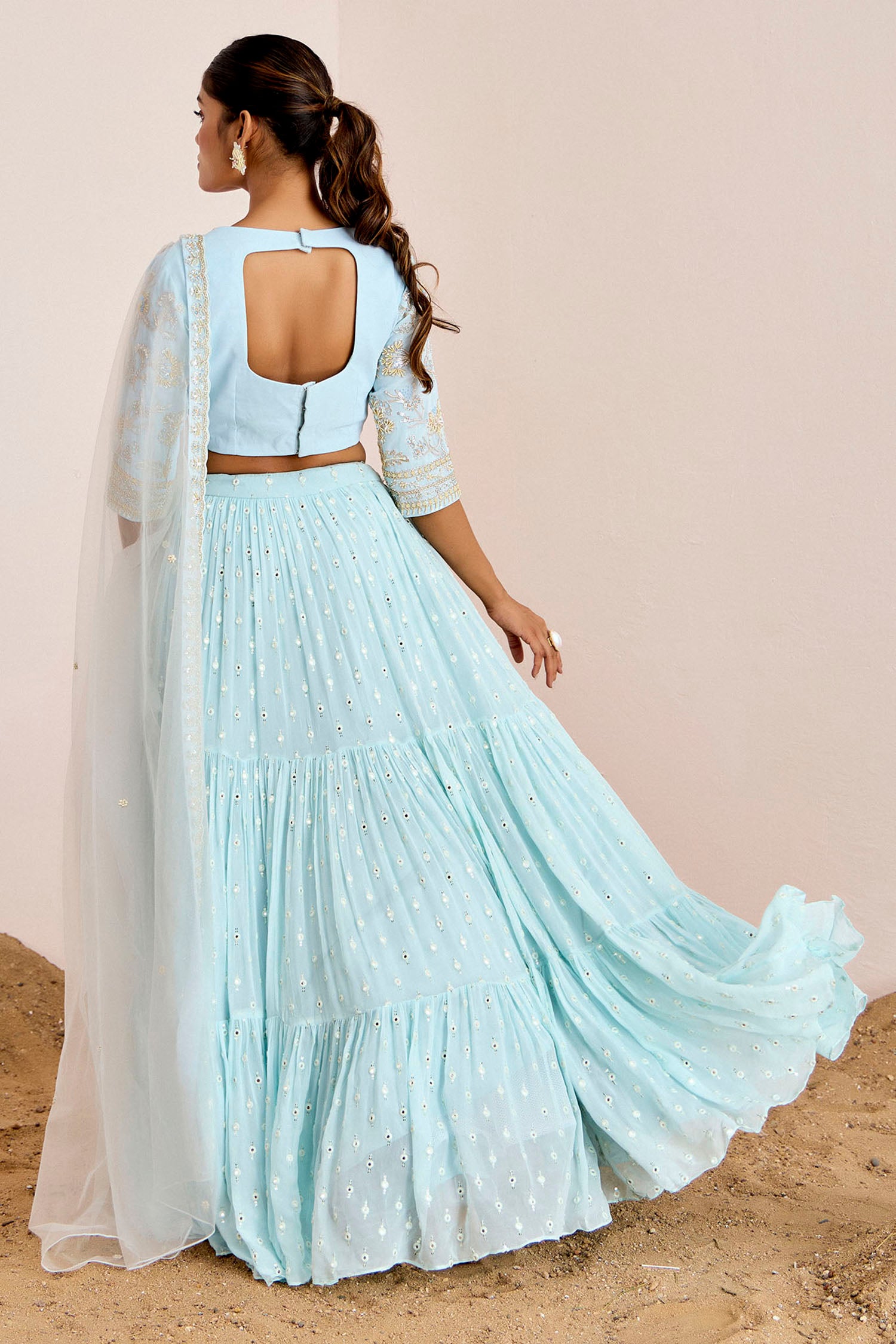 Tiered Machine Embroidered Lehenga with Handwork Blouse