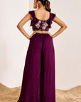 Embellished Crop Top with Ruffle Sleeves & Pleated Flared Pants