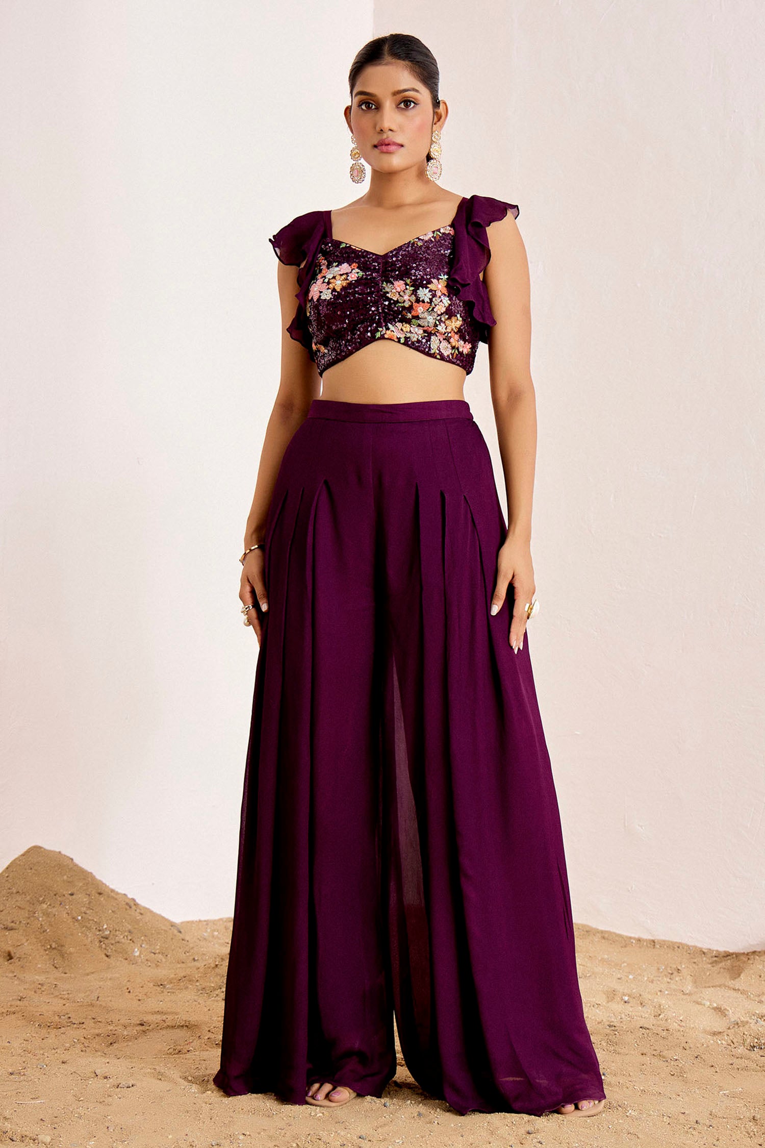 Embellished Crop Top with Ruffle Sleeves &amp; Pleated Flared Pants