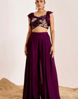 Embellished Crop Top with Ruffle Sleeves & Pleated Flared Pants
