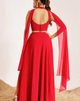 Hand Embroidered Halter Neck Crop Top with Slit Skirt & Dupatta
