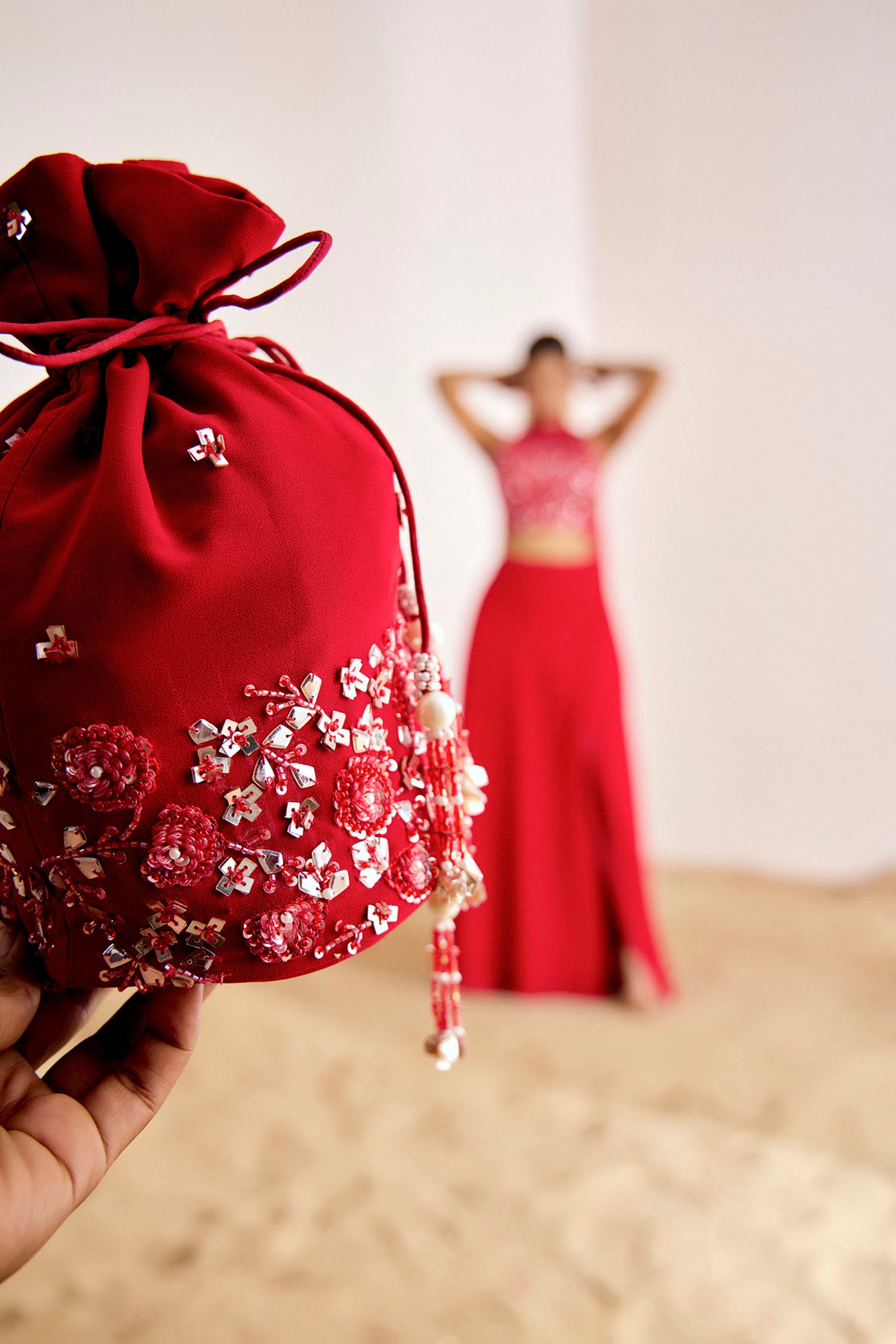 Hand Embroidered Halter Neck Crop Top with Slit Skirt &amp; Dupatta