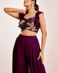 Embellished Crop Top with Ruffle Sleeves & Pleated Flared Pants