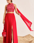 Hand Embroidered Halter Neck Crop Top with Slit Skirt & Dupatta