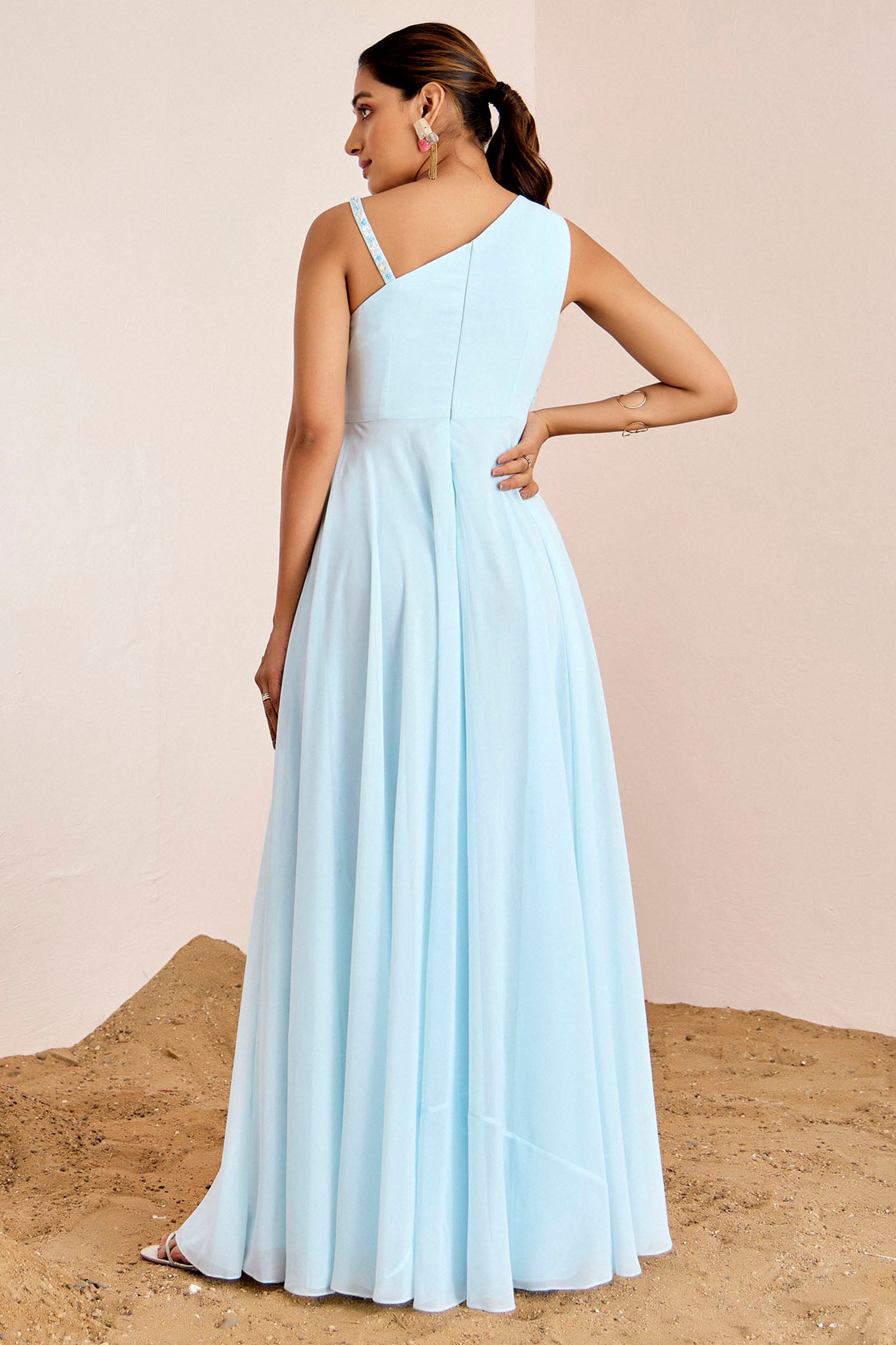 Hand Embroidered One Shoulder Gown with Tucks and Embroidered Strap