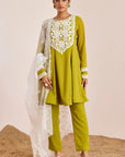 Cording and Hand Embroidered Kurti Set with Contrasting Scallop Organza Dupatta
