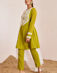 Cording and Hand Embroidered Kurti Set with Contrasting Scallop Organza Dupatta