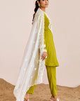 Cording and Hand Embroidered Kurti Set with Contrasting Scallop Organza Dupatta
