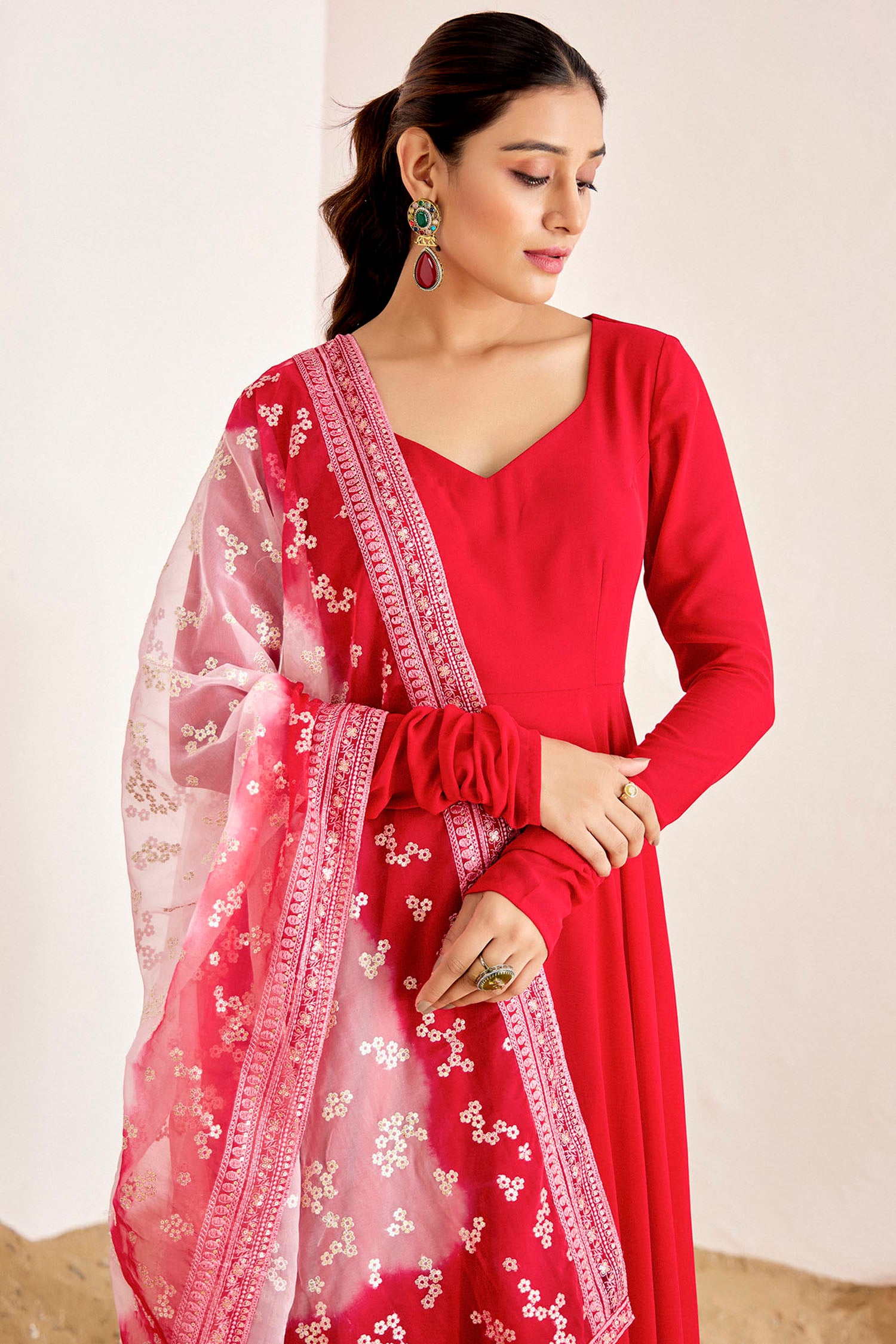 Plain Anarkali with Chudi Sleeves and Shaded Organza Dupatta