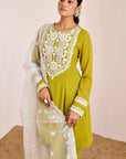 Cording and Hand Embroidered Kurti Set with Contrasting Scallop Organza Dupatta