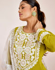 Cording and Hand Embroidered Kurti Set with Contrasting Scallop Organza Dupatta
