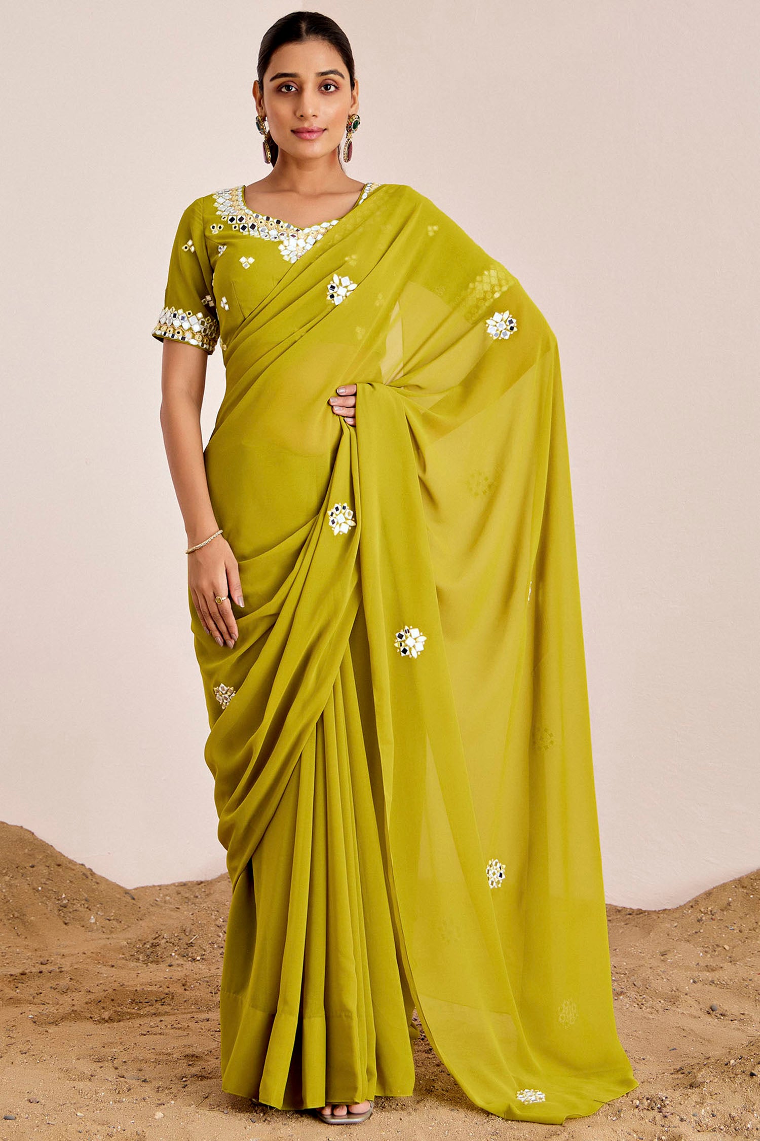 Mirror Work Buti Saree with Heavy Blouse