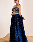 Mirror Work One Shoulder Blouse with Sequin Tiered Lehenga and Ruffle Dupatta