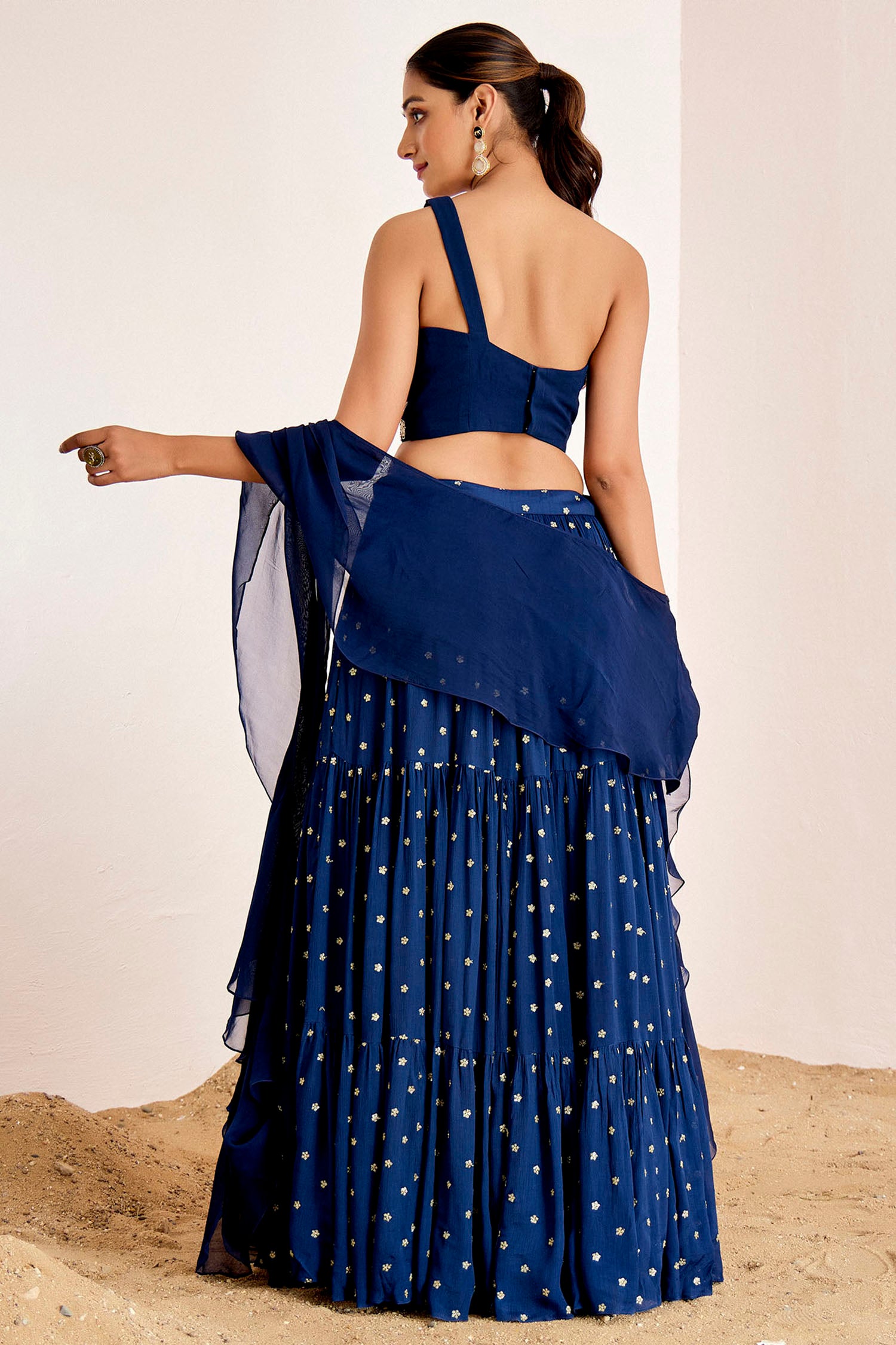 Mirror Work One Shoulder Blouse with Sequin Tiered Lehenga and Ruffle Dupatta