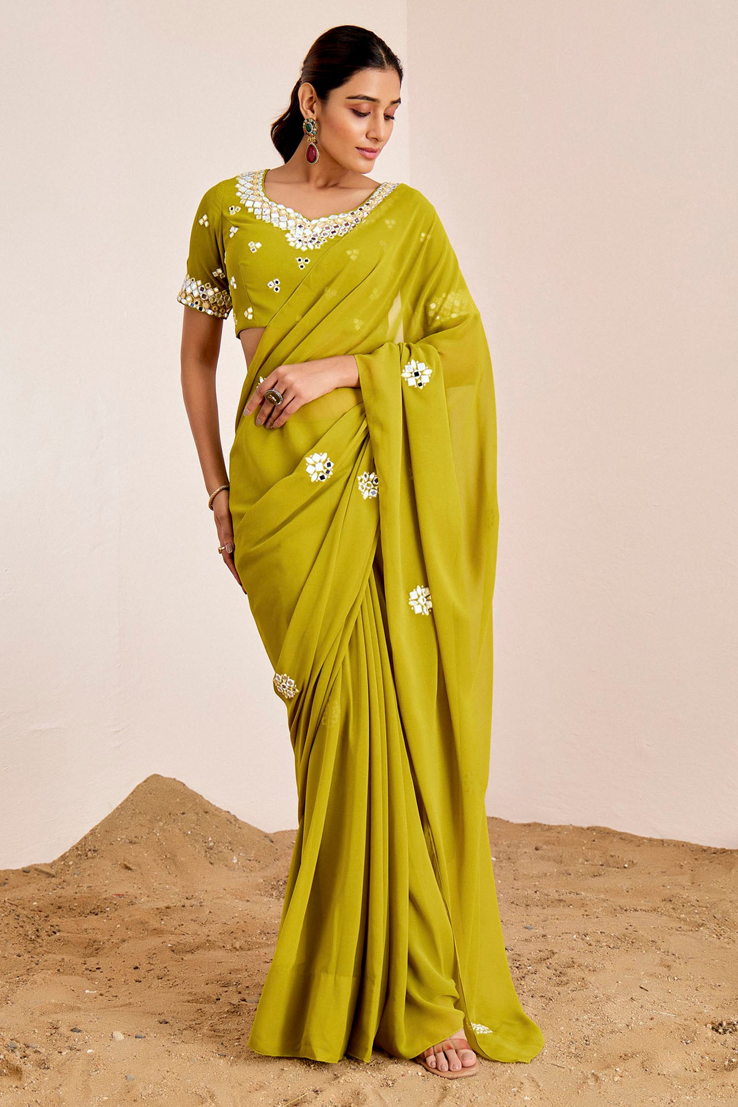 Mirror Work Buti Saree with Heavy Blouse