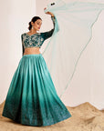 Hand Embroidered Blouse with Ombre Sequin Lehenga and Pearl Border Dupatta