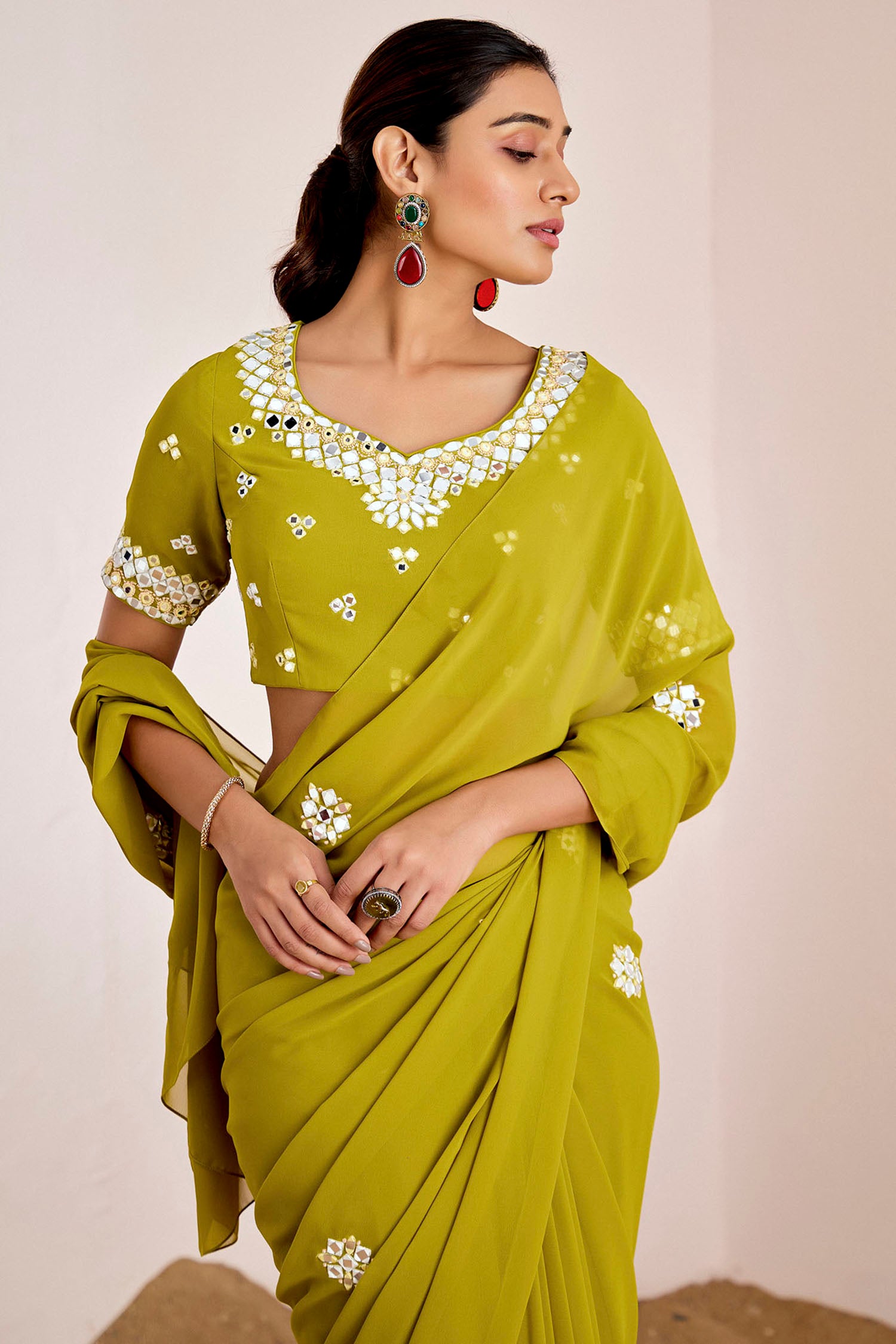 Mirror Work Buti Saree with Heavy Blouse