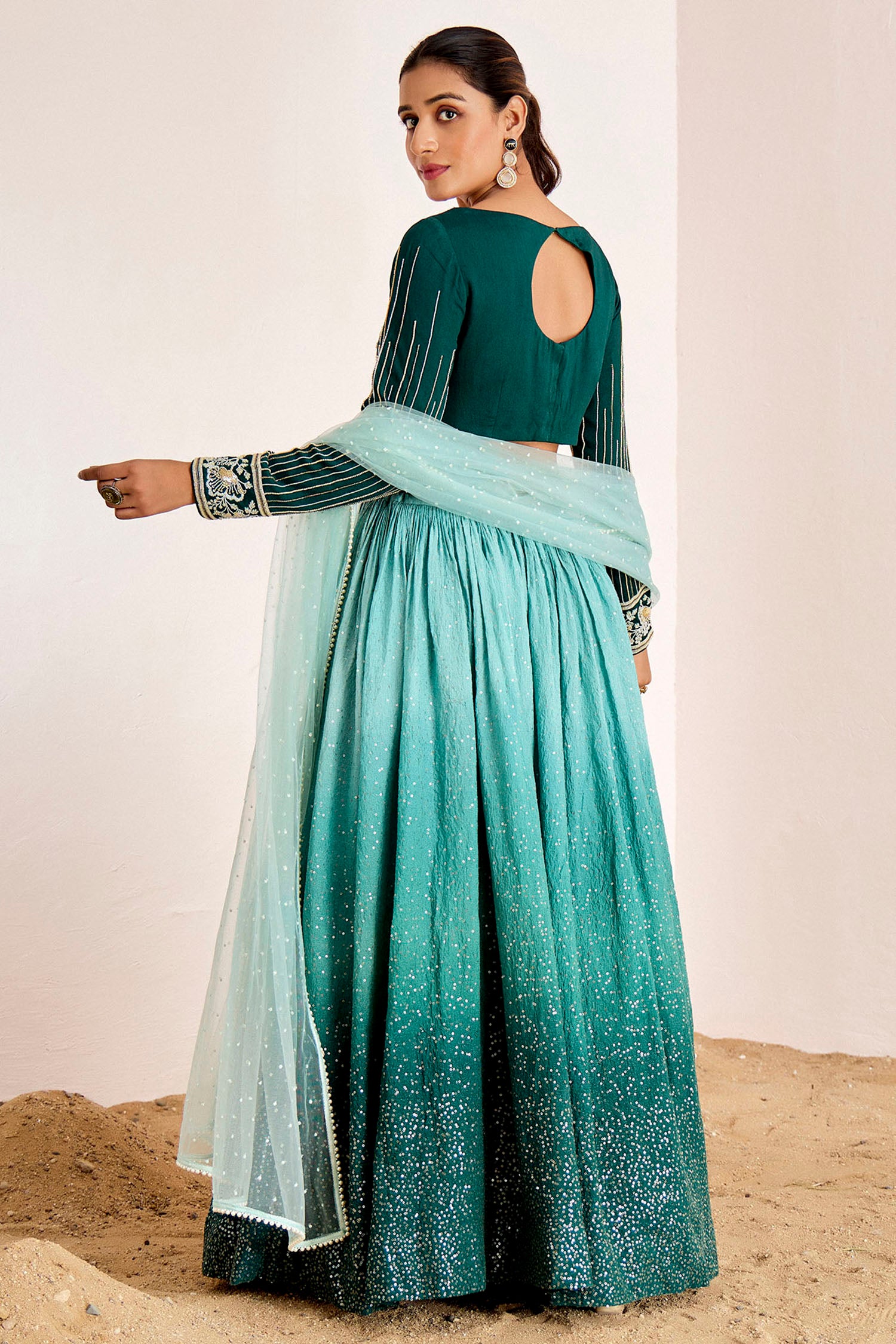 Hand Embroidered Blouse with Ombre Sequin Lehenga and Pearl Border Dupatta