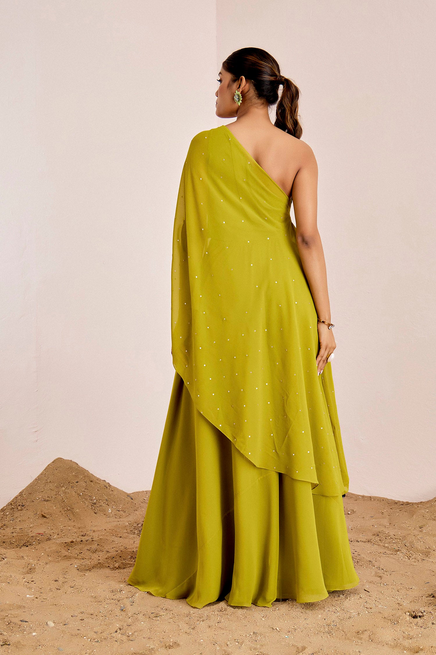 One Shoulder Long Top with Flared Pants &amp; Cutwork Embroidery