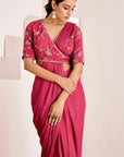 Sequin Embroidered Wrap Blouse with Plain Pre-Draped Saree