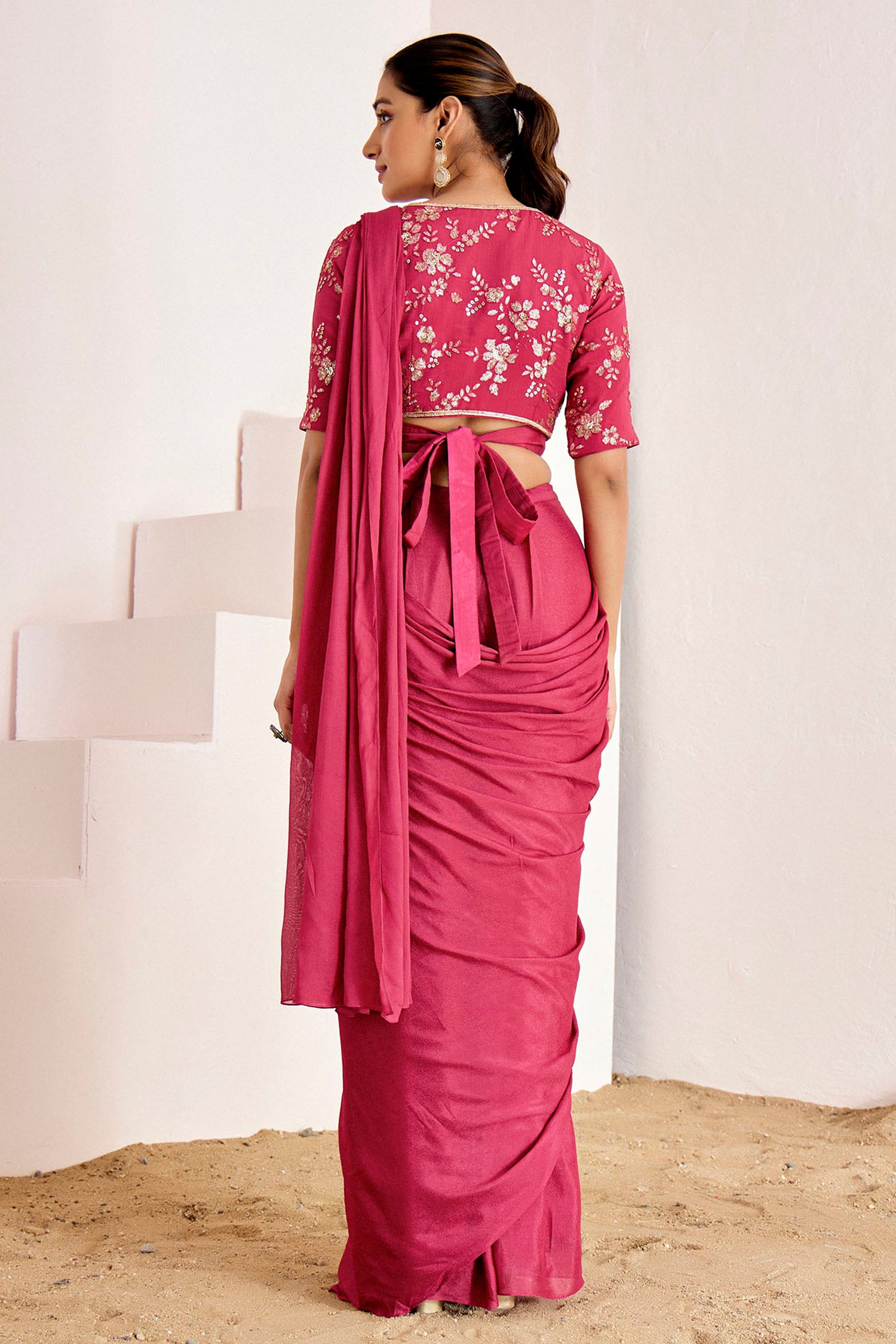 Sequin Embroidered Wrap Blouse with Plain Pre-Draped Saree