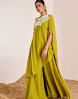 One Shoulder Long Top with Flared Pants & Cutwork Embroidery