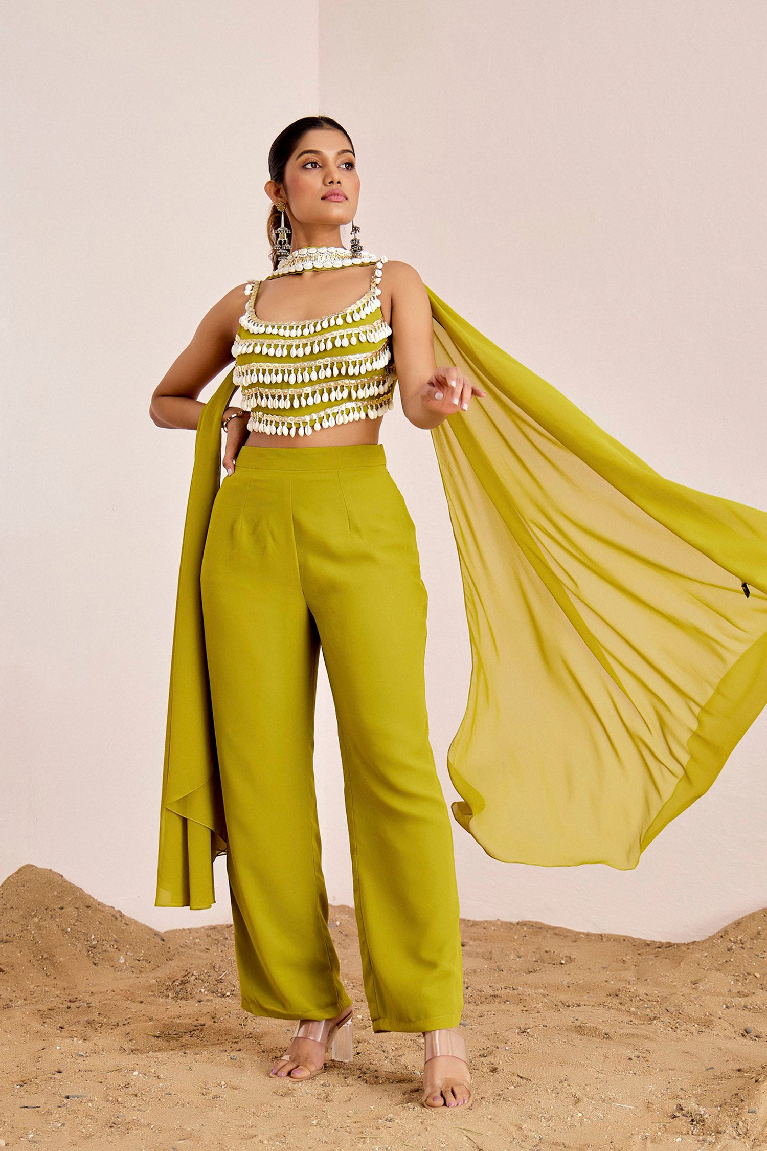 Kodi &amp; Sequins Strappy Blouse with Straight Pants and Choker Dupatta