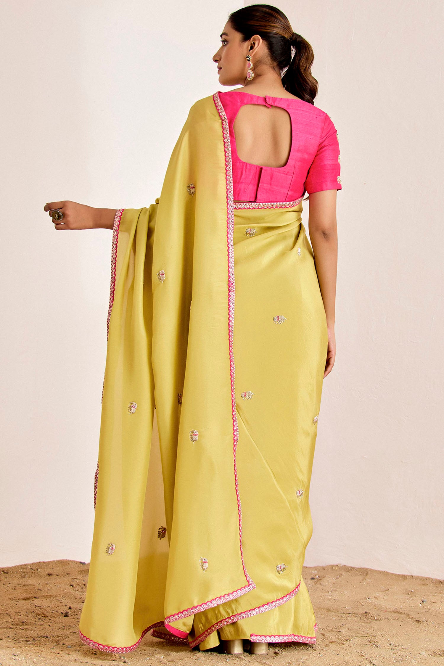 Shimmer Saree with Elephant Motif Pallu and Contrasting Blouse